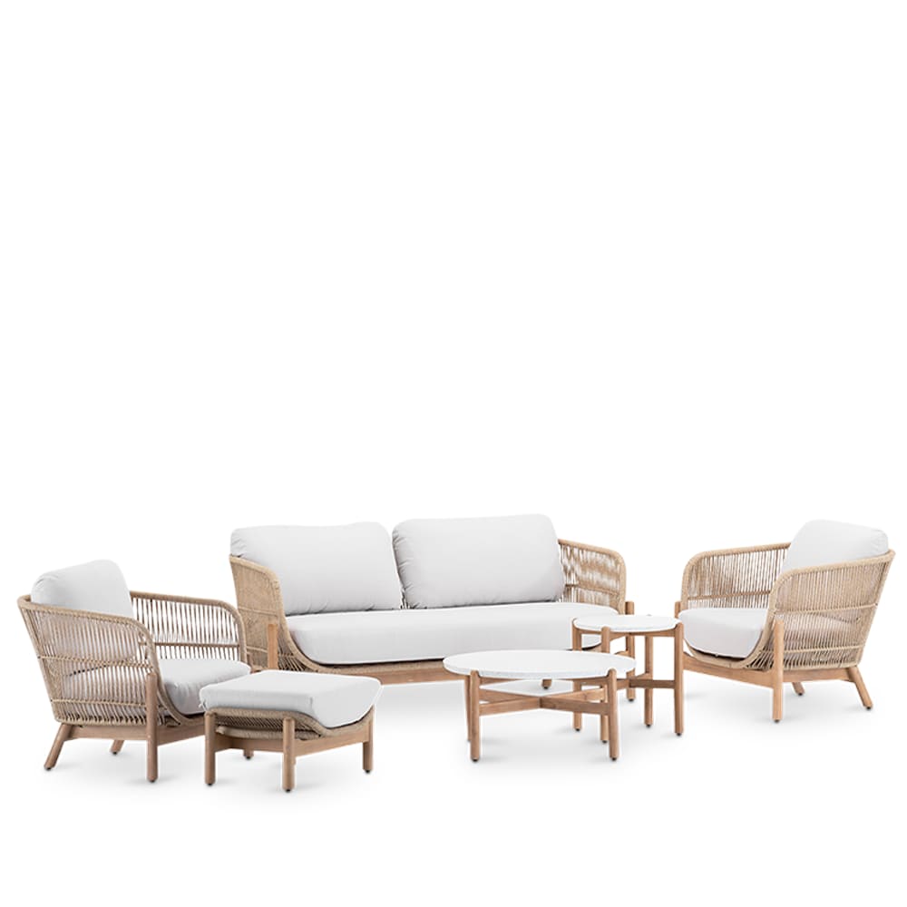 Set de jardin en bois et corde 4 places avec repose-pied