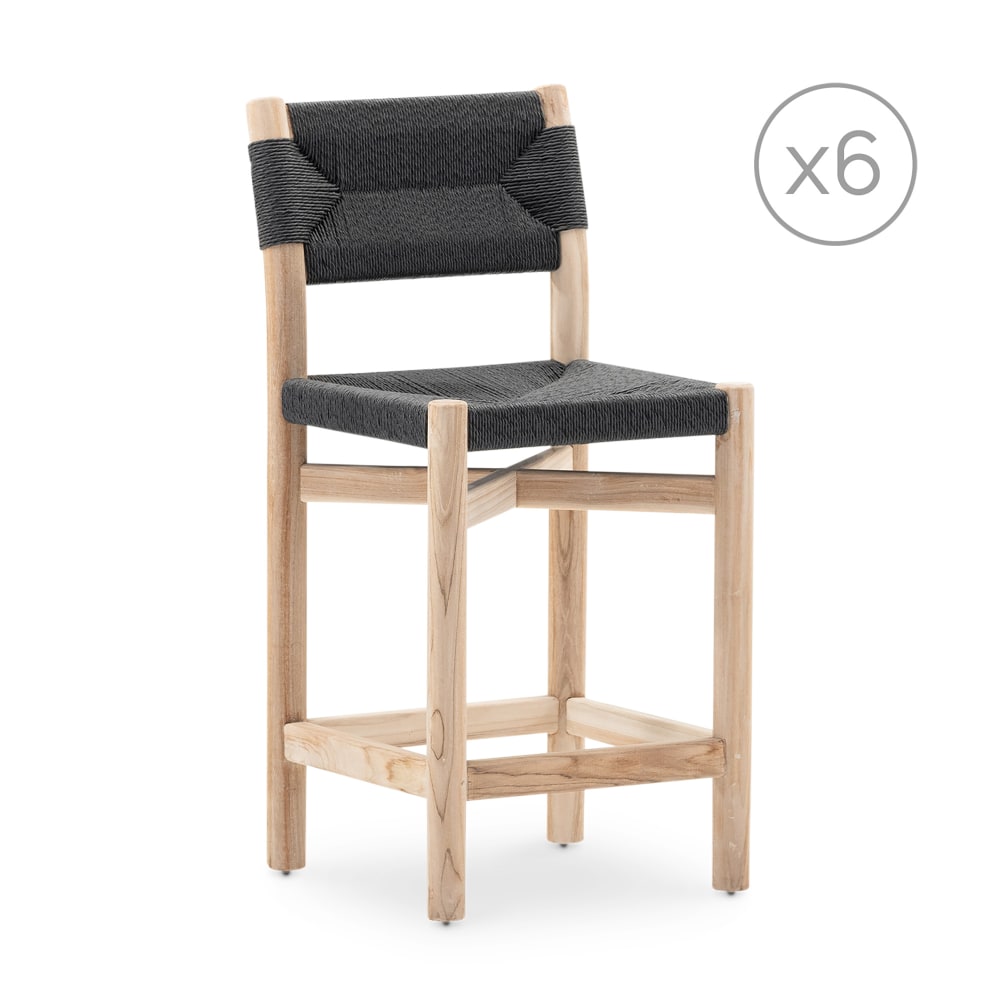 Lot de 6 tabourets bar en teck et rotin noir