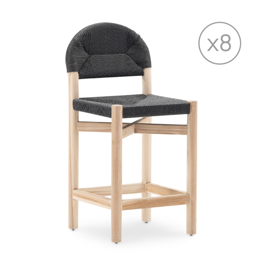 Lot de 8 tabourets bar en teck et rotin noir
