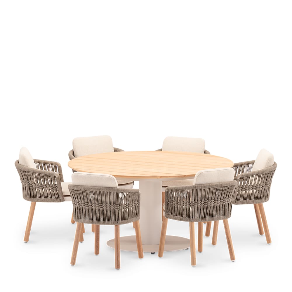 Set table ronde 150 cm avec 6 chaises en teck et corde Set table ronde 150 cm avec 6 chaises en teck et corde