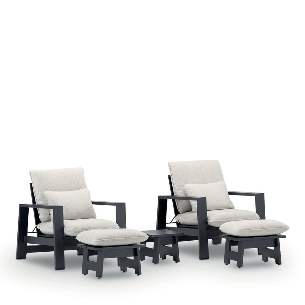 Set 2 fauteuils avec 2 repose-pieds et table alu anthracite