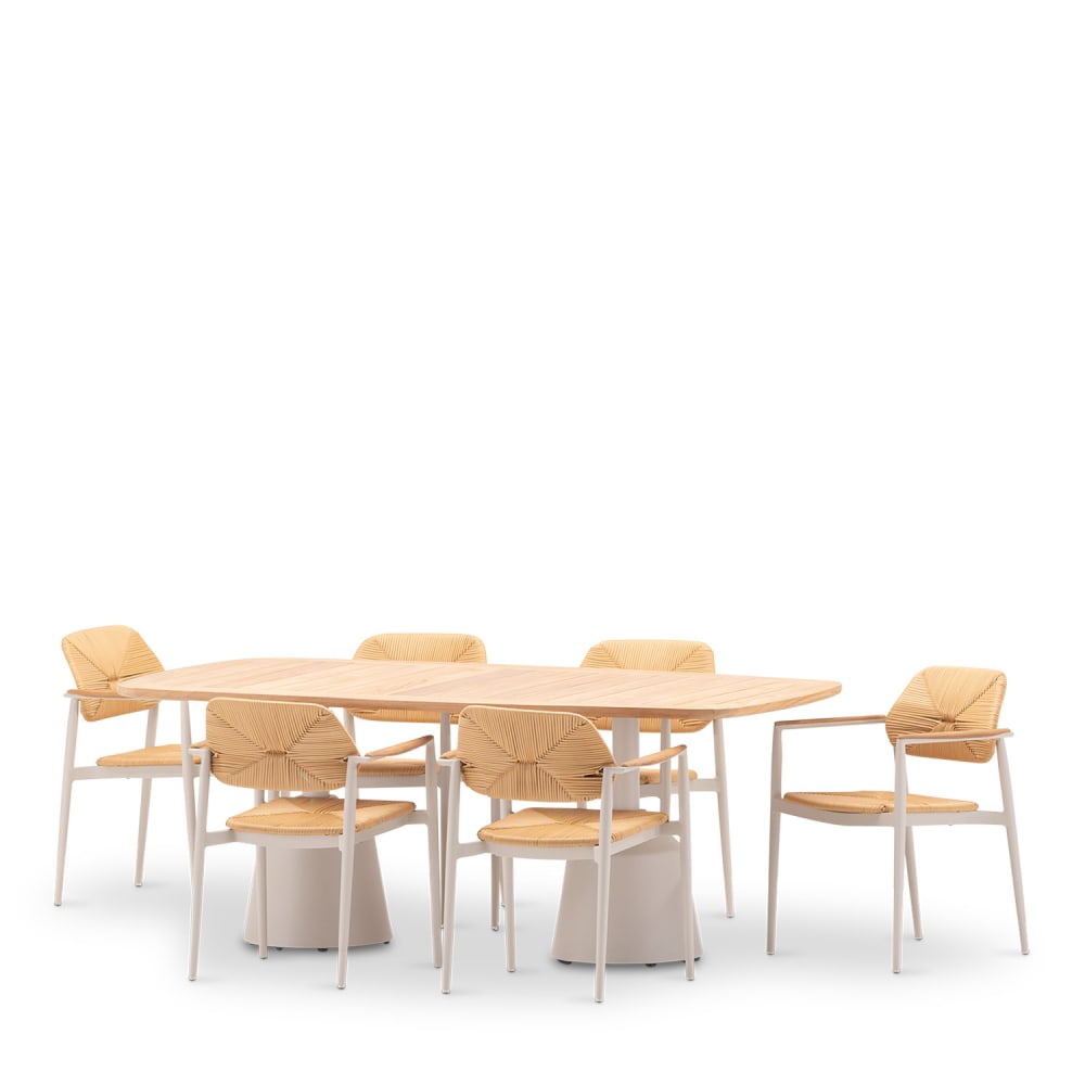 Set table 200x100 avec 6 chaises en bois et rotin Set table 200x100 avec 6 chaises en bois et rotin