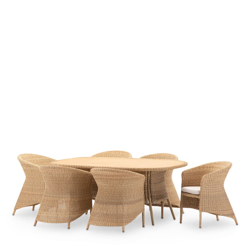 Set table ovale 180x110 avec 6 chaises en rotin et teck