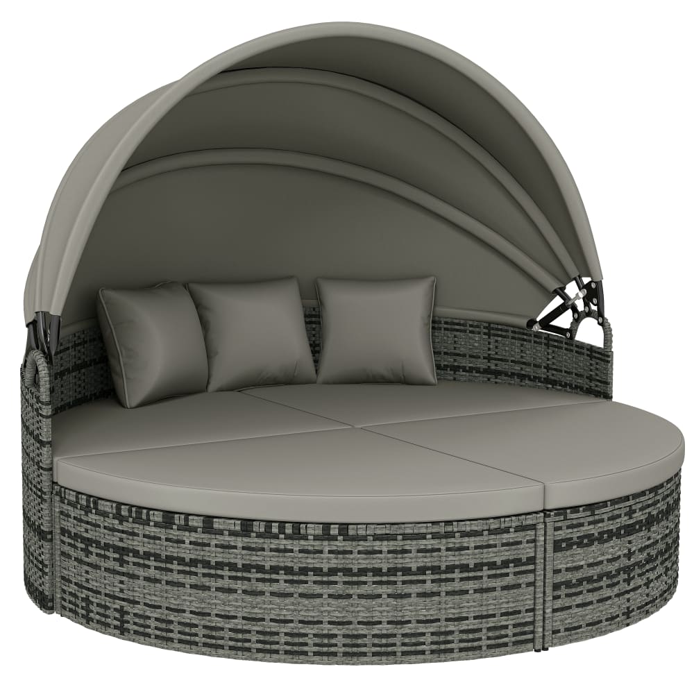 Bain de soleil auvent rétractable coussins résine tressée gris clair