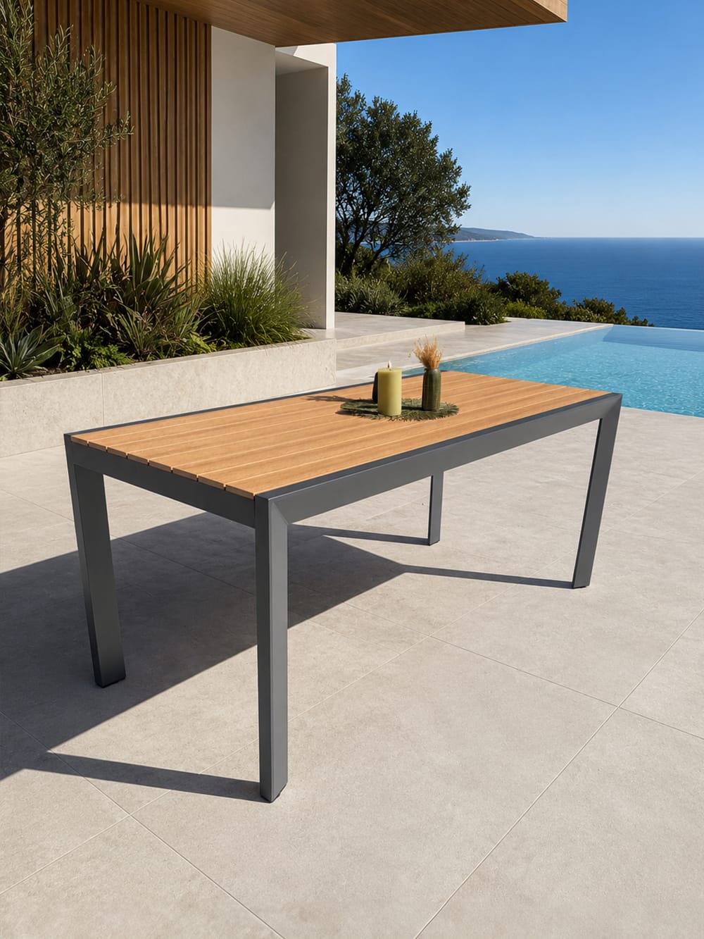 DCB GARDEN Gartentisch aus anthrazitgrauem Aluminium mit Tischplatte aus Polywood in Holzoptik. ABMESSUNGEN L 170 x B 80 x H 75 cm Schwarz