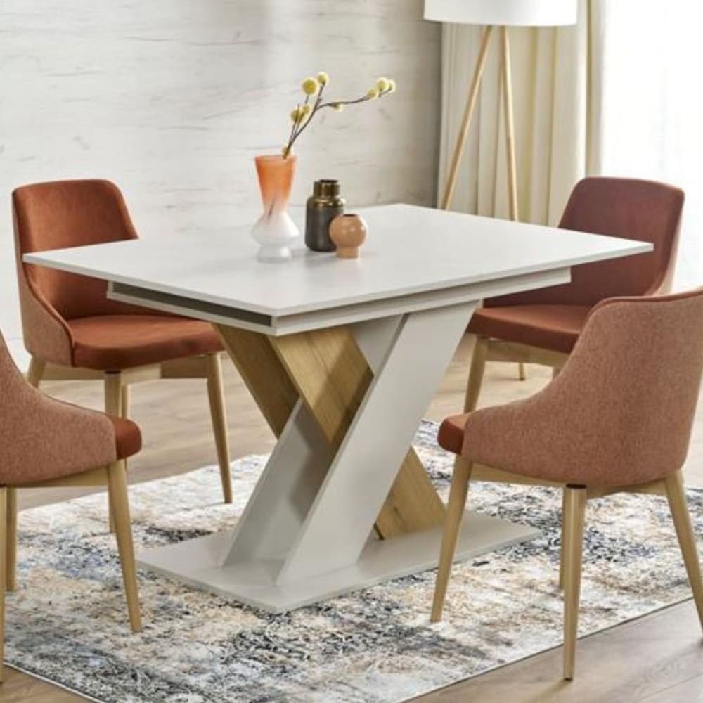 Ausziehbarer Esstisch mit zentralem Bein in Beige und Holz -