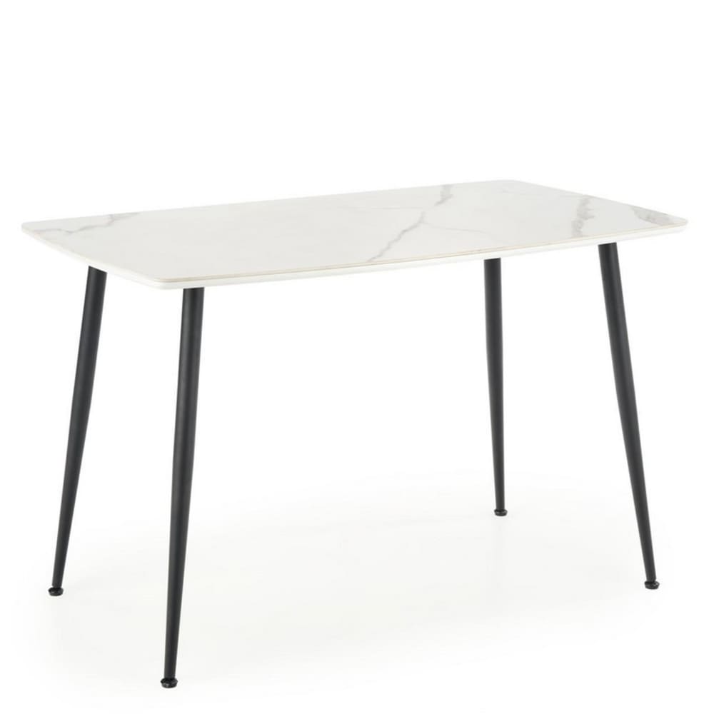 Table à manger aspect marbre blanc avec pieds en acier noir