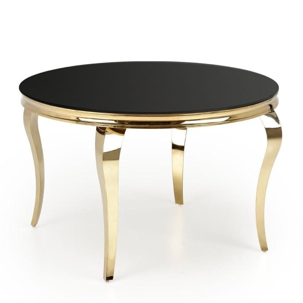 Table ronde  pieds dorés - plateau verre