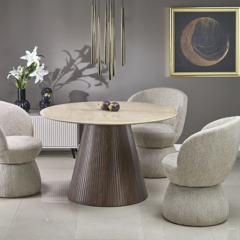 Runder Esstisch mit Travertin-Marmorplatte und Holzbein 120 cm -