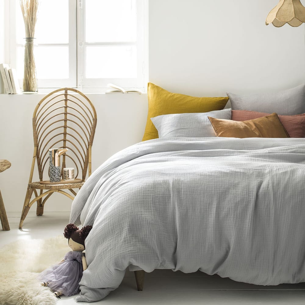 Parure de lit unie en gaze de coton lavée, taies rectangles, tendresse