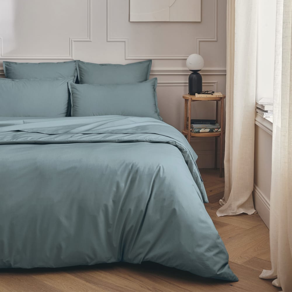 Parure de lit en percale de coton taies rectangles bleu 260x240