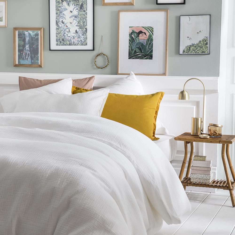 Parure de lit unie en gaze de coton lavée, taies rectangles, tendresse