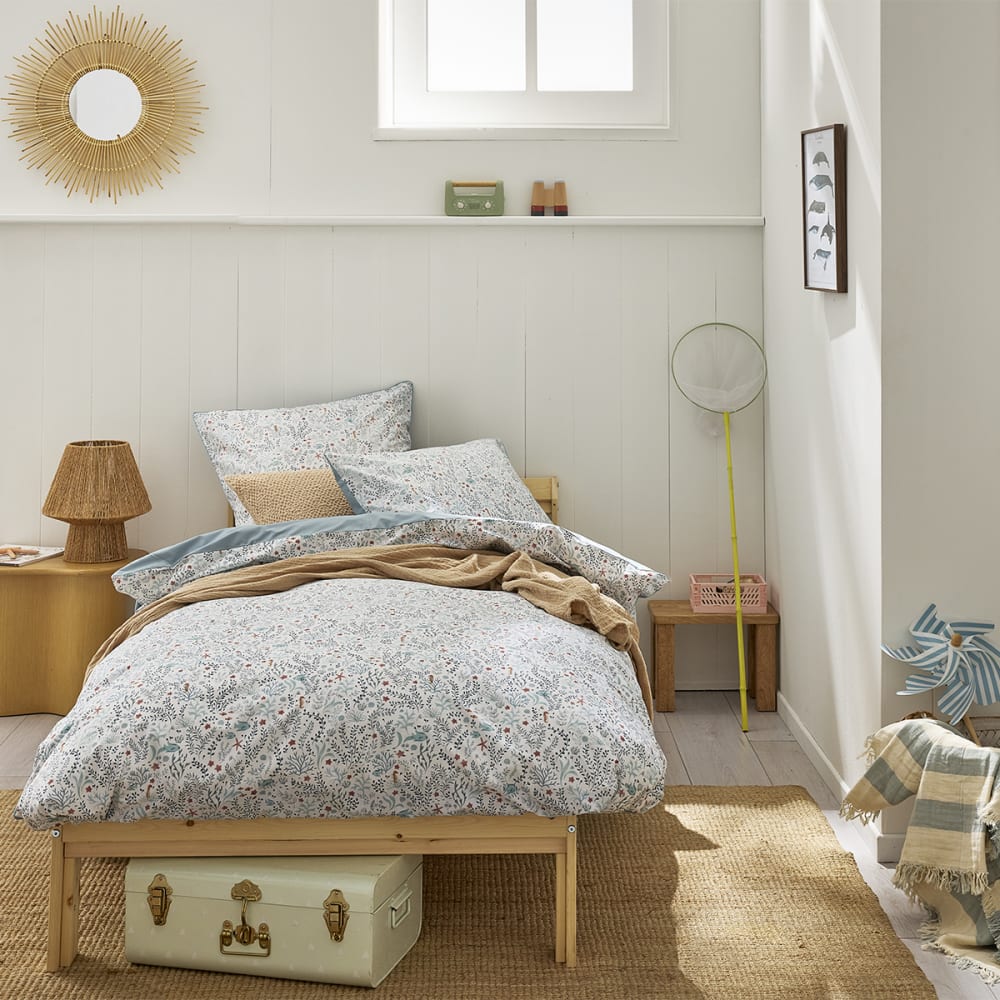 Parure de lit en percale de coton bleu 140x200 cm
