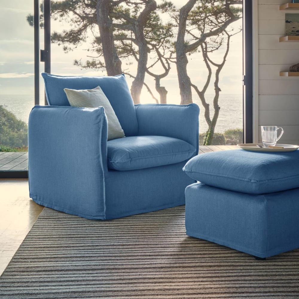 Fauteuil déhoussable en tissu effet lin bleu