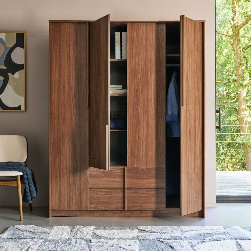 Armoire 4 portes 2 tiroirs effet bois foncé