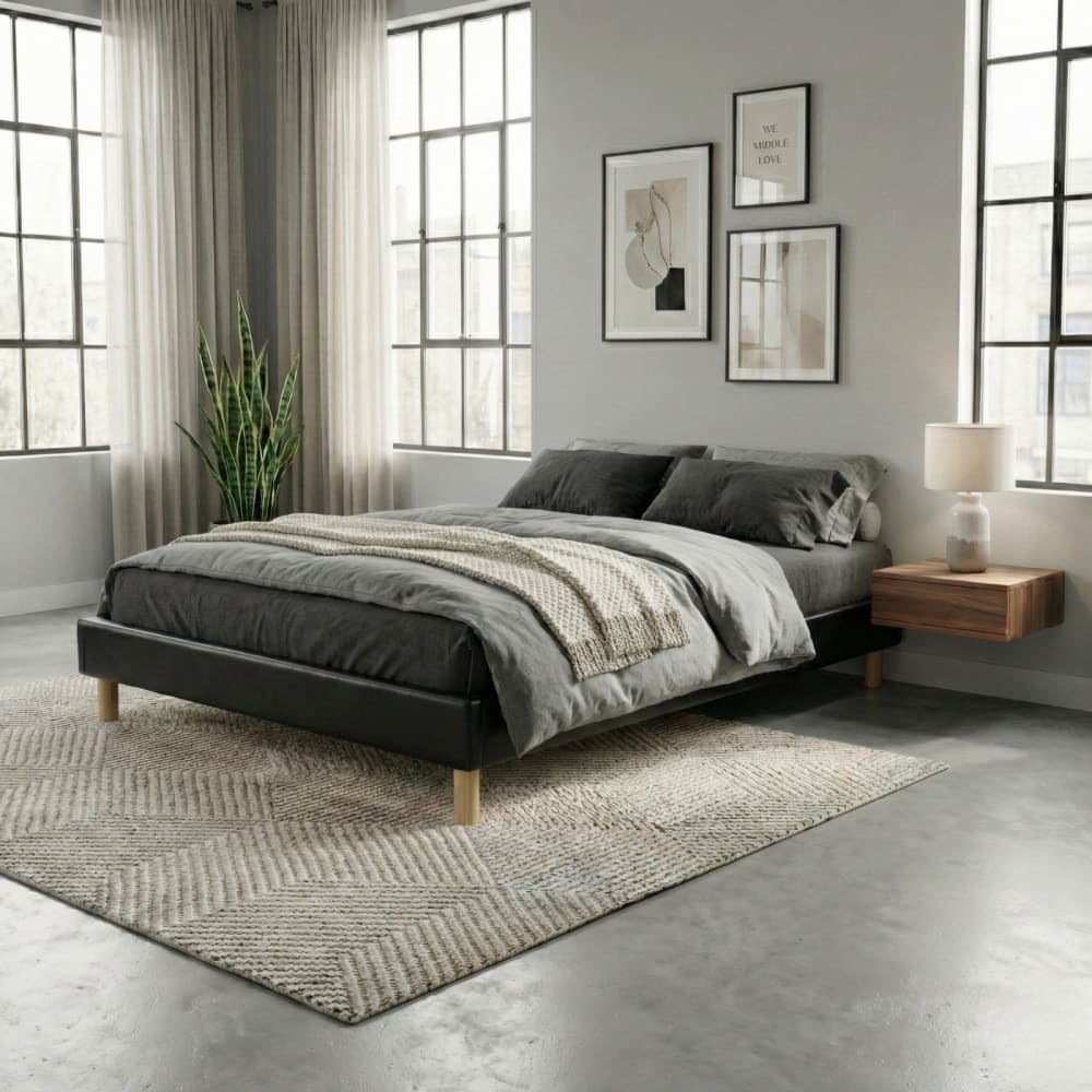 SAMPUR Bett kunstleder mit lattenrost 90x190cm schwarz style modern - Spanplatte