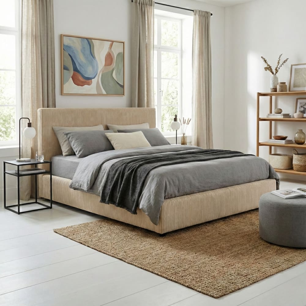 Lit coffre sable avec tête de lit 140x190cm