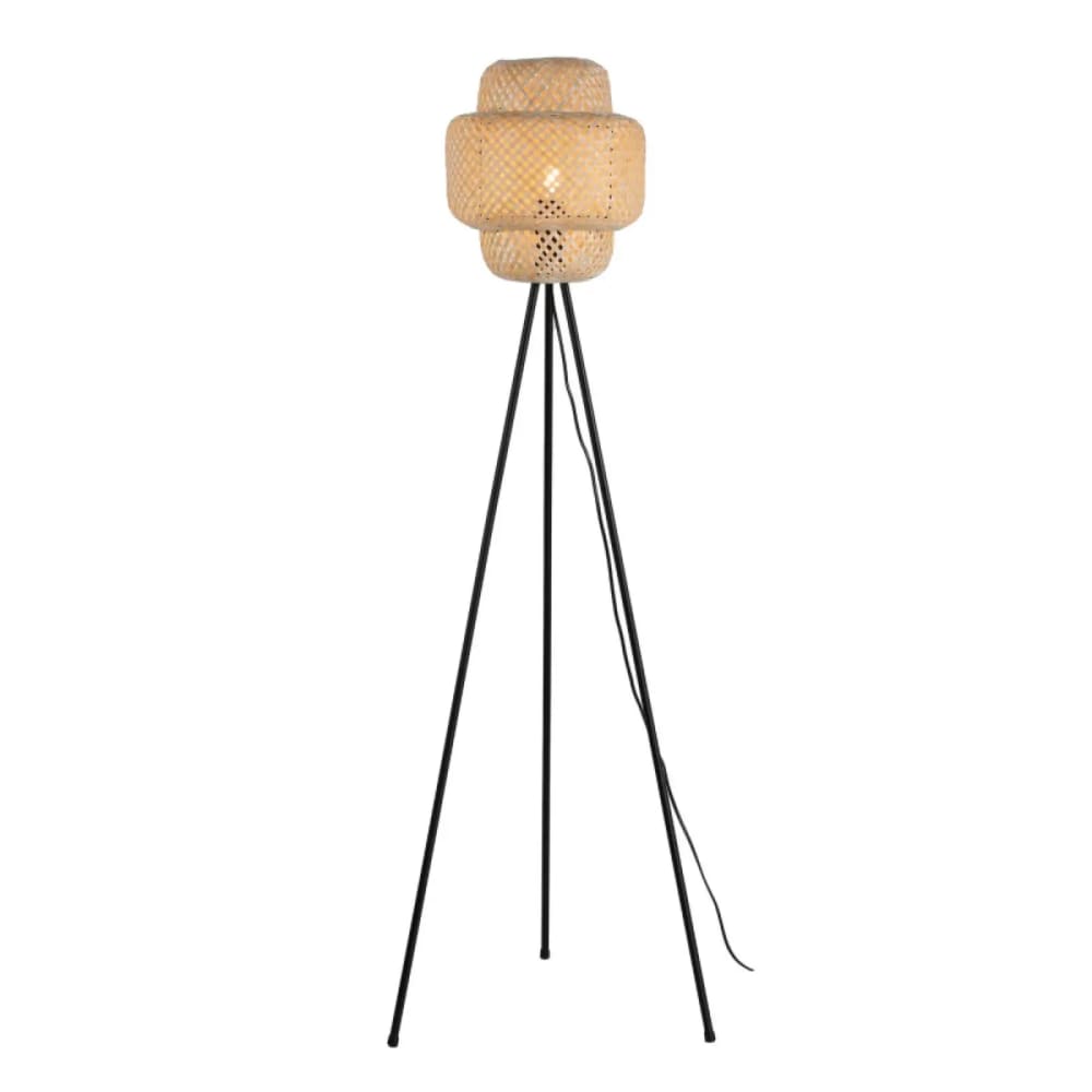 Lampada Da Terra Treppiede Legno E Vimini Naturale H145 Cm-image