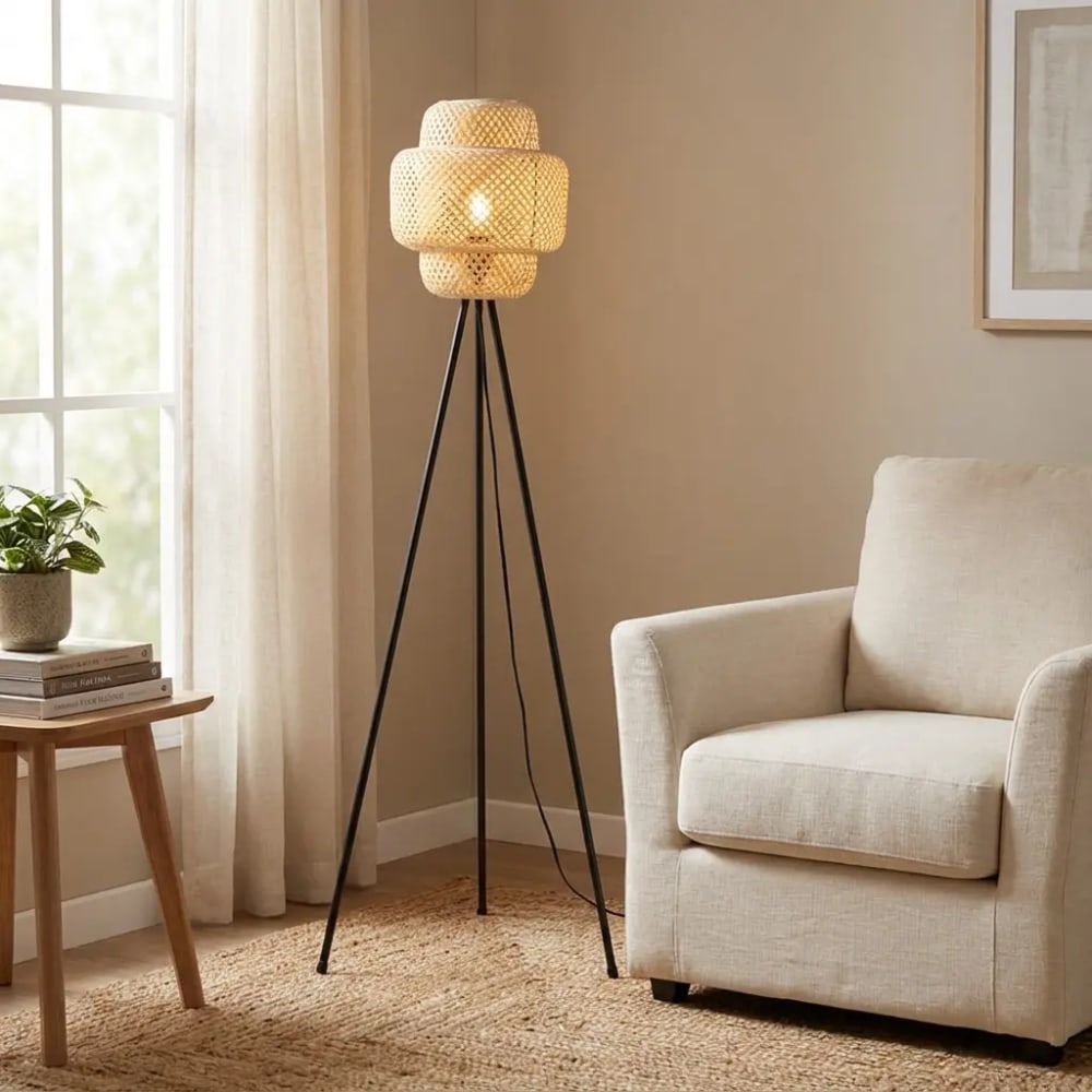 Lampadaire trépied bois et osier naturel H145 cm — vue 3