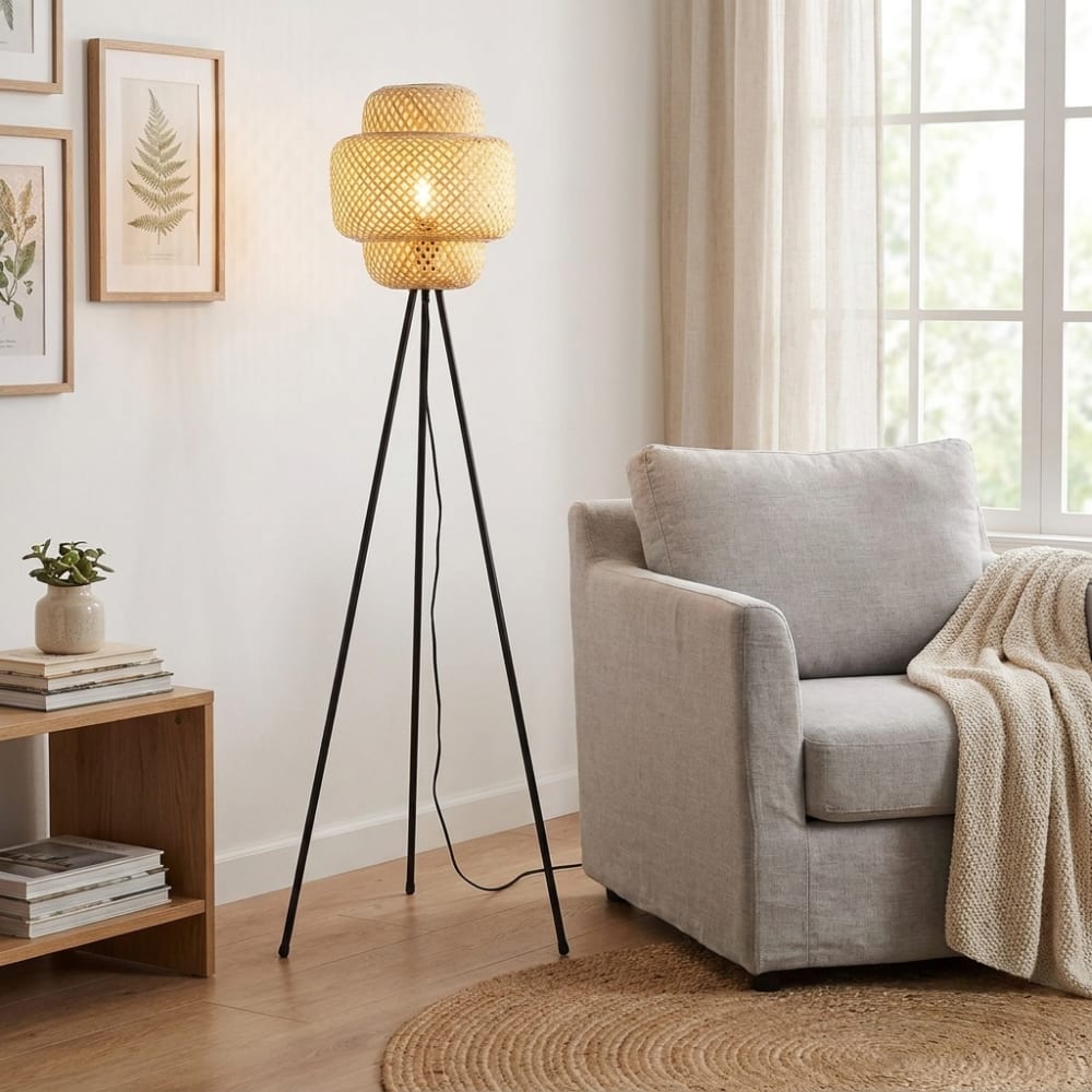 Lampadaire trépied bois et osier naturel H145 cm — vue 4