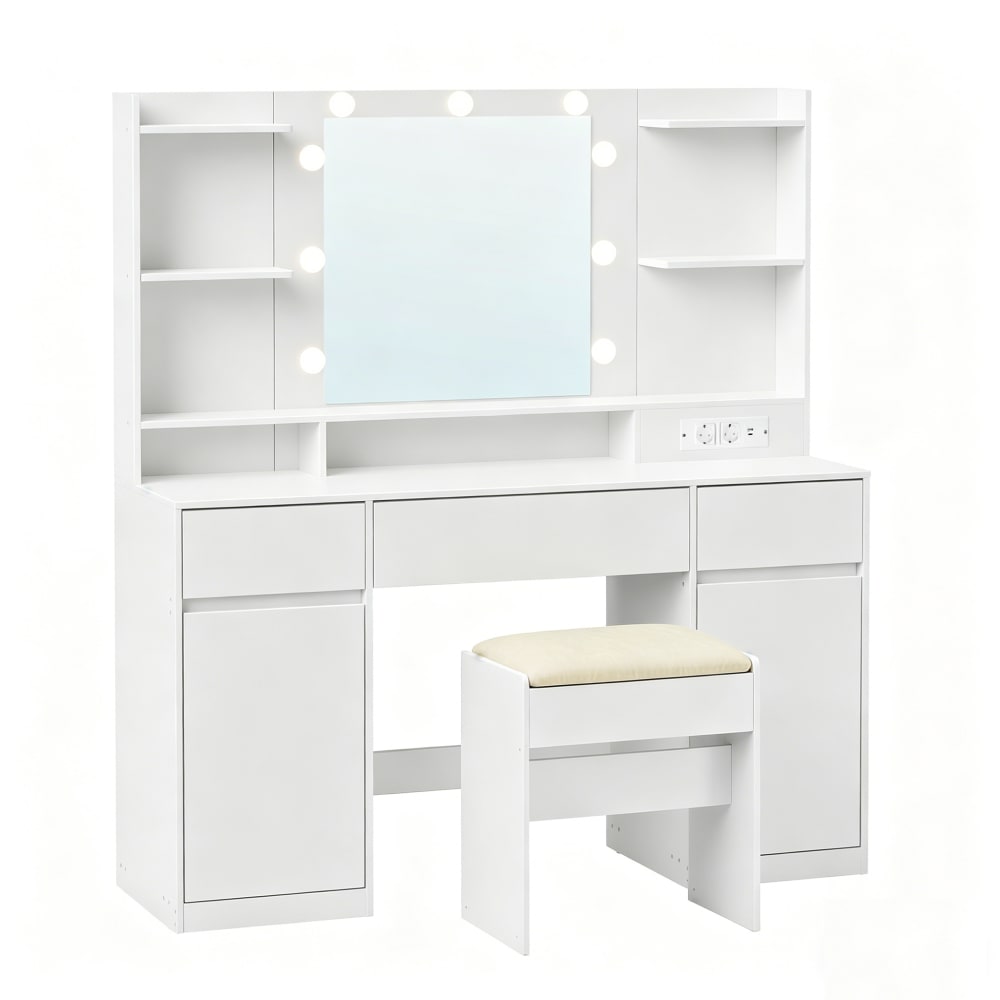 Coiffeuse avec tabouret miroir led 3 tiroirs et 2 portes blanc — Beyit