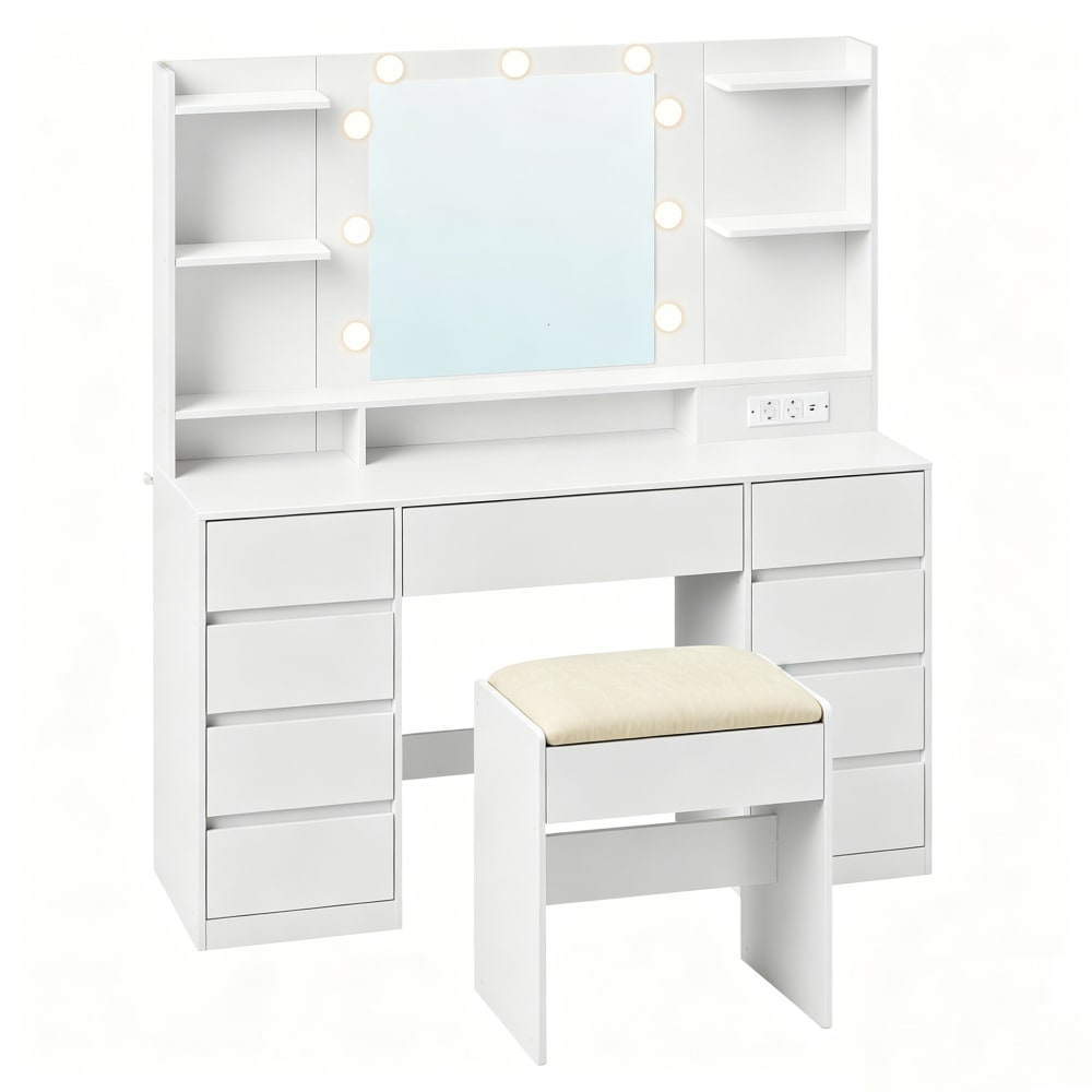 Coiffeuse avec tabouret miroir led multiprise 9 tiroirs blanc — Beyit