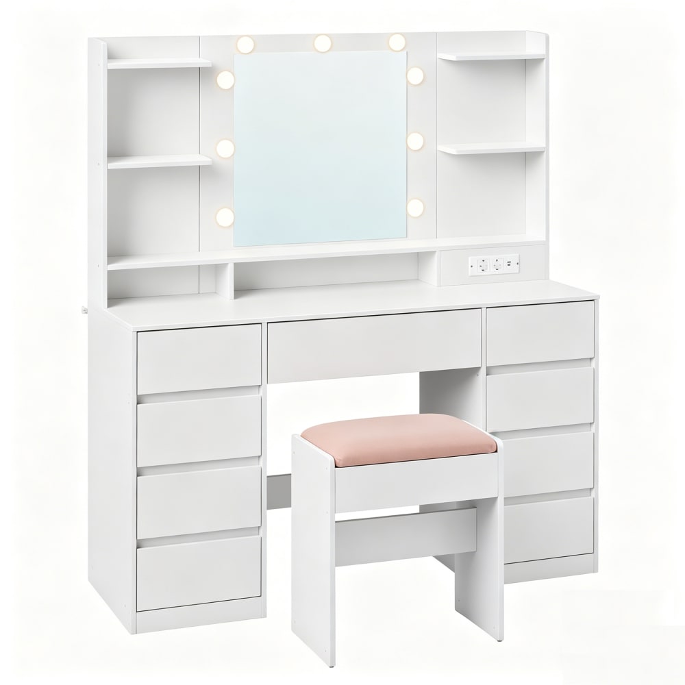 Coiffeuse avec tabouret 9 tiroirs, multiprise miroir led blanc — Beyit