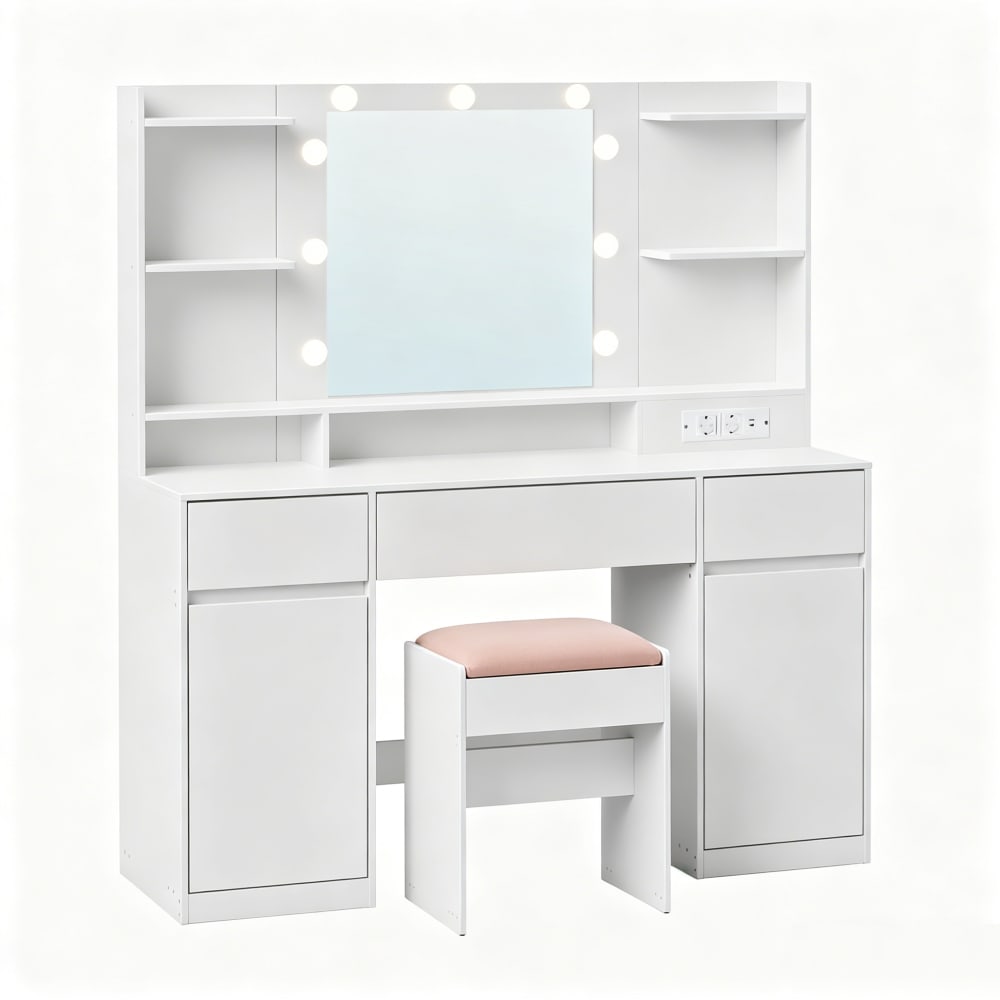 Coiffeuse avec miroir led tabouret 2 oplacards 3 tiroirs blanc — Beyit