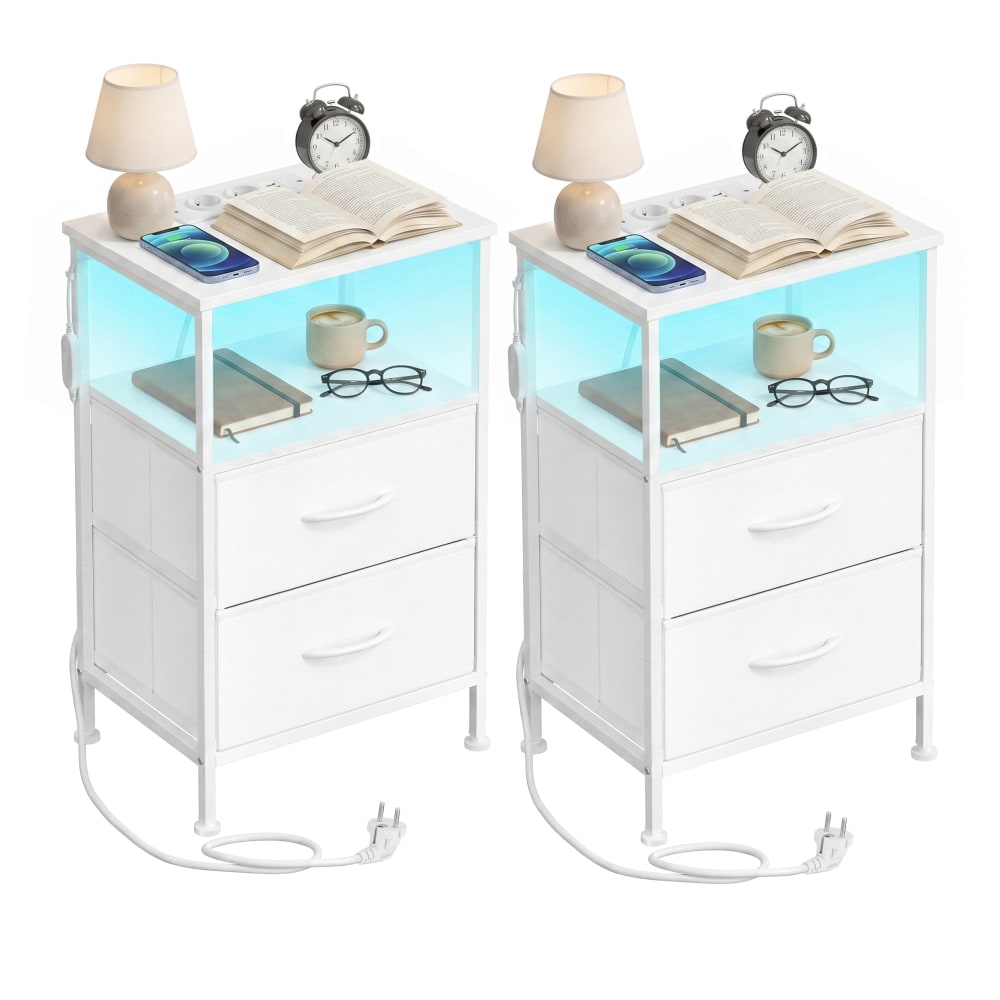 Table de chevet avec éclairage led et multiprise, lot de 2, blanc