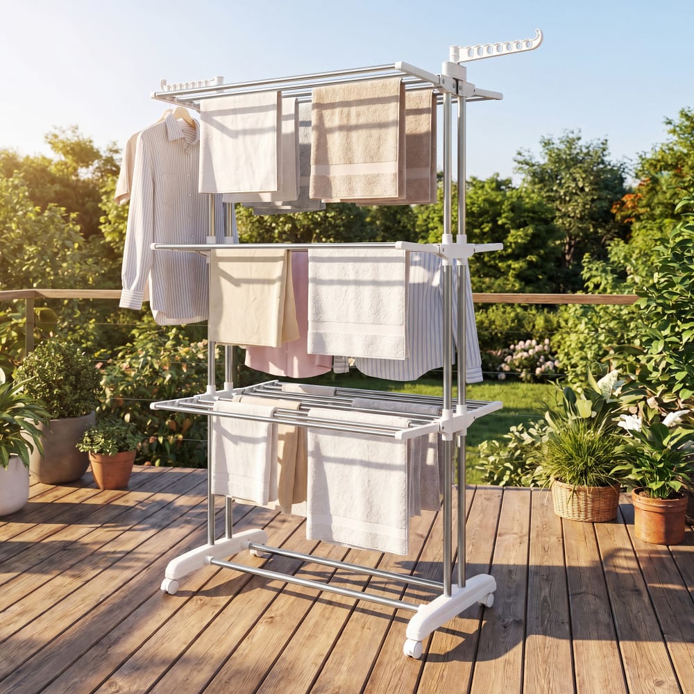 Étendoir à linge à 4 niveaux pliable à roulettes argent et blanc — vue 3