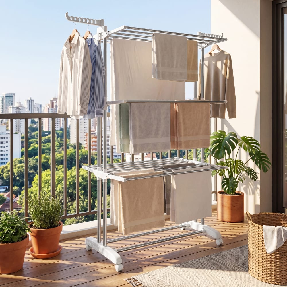 Étendoir à linge à 4 niveaux pliable à roulettes argent et blanc — vue 4