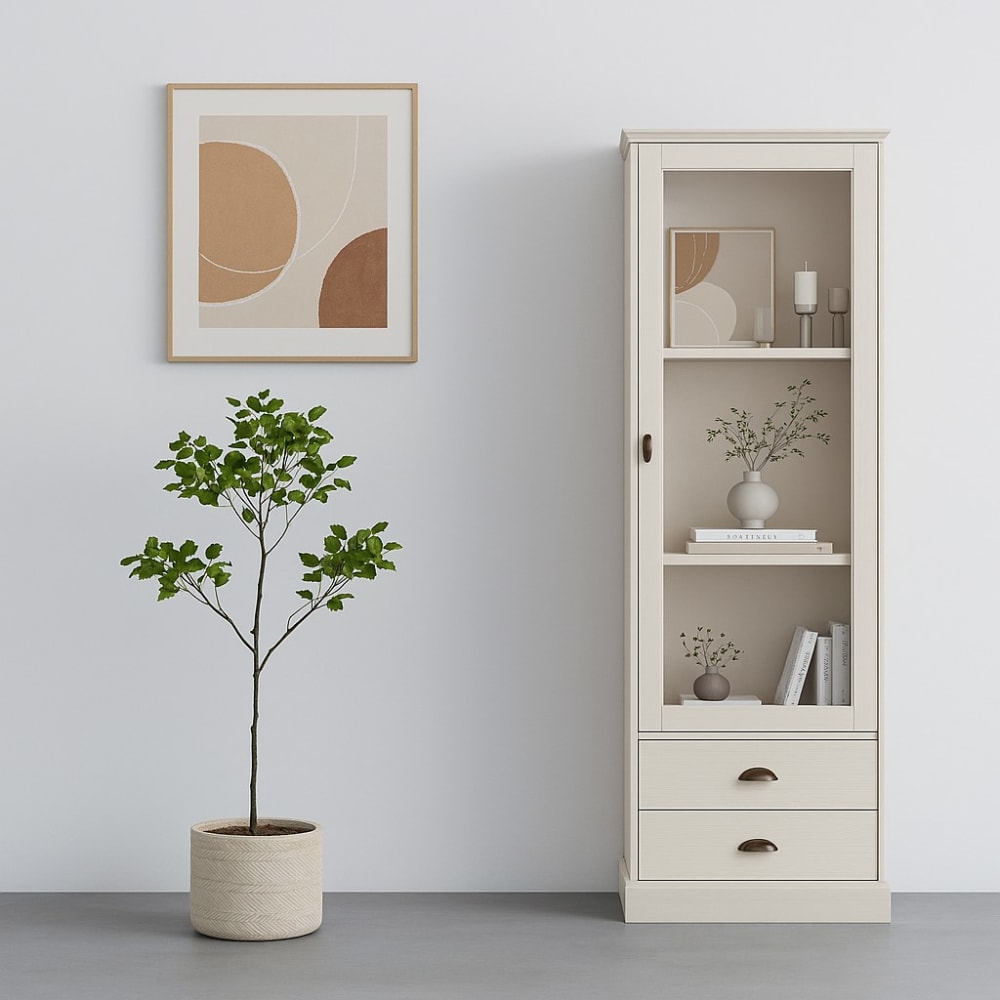 Vitrine avec 1 porte vitrée 2 tiroirs en pin blanc