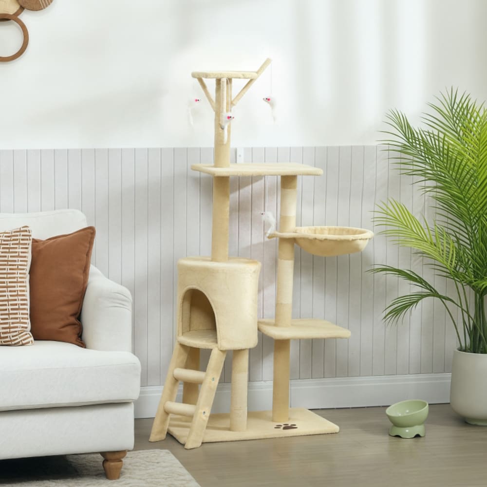 Katzebaum aus Polyester mit Höhle 60x35x134 cm, Beige - Maisons