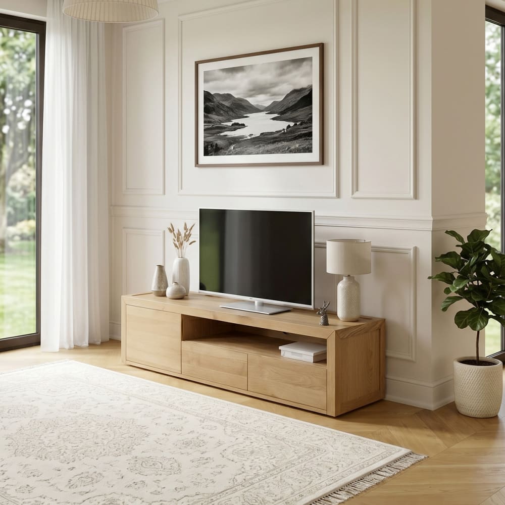Zeitgenössisches TV-Möbel aus Eiche, 2 Schubladen, 1 Tür beige -