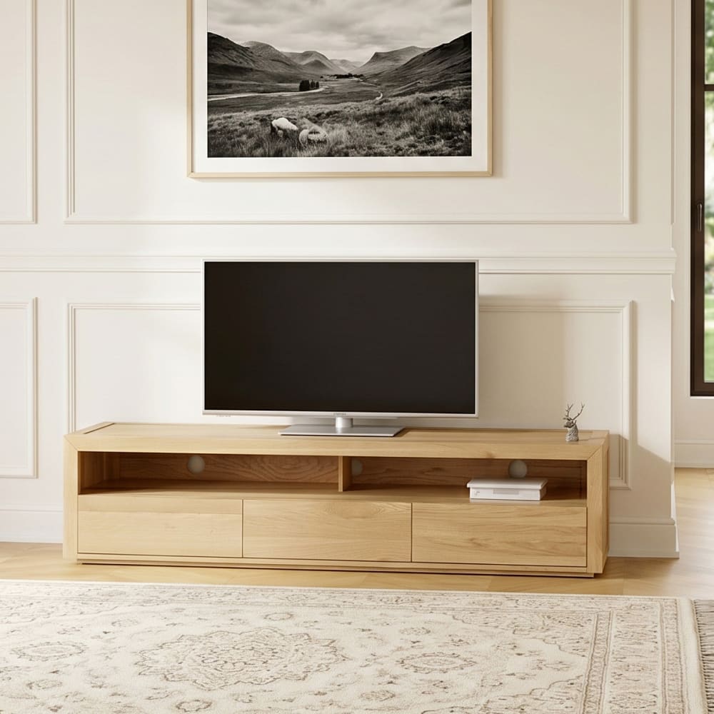 Meuble tv contemporain en chêne, 3 tiroirs beige