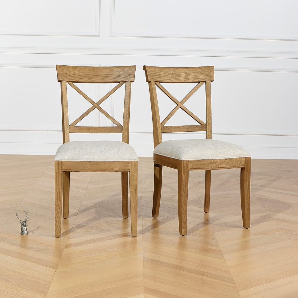 Set aus 2 Stühlen aus massiver Eiche und Premium-Leinen Leinen -