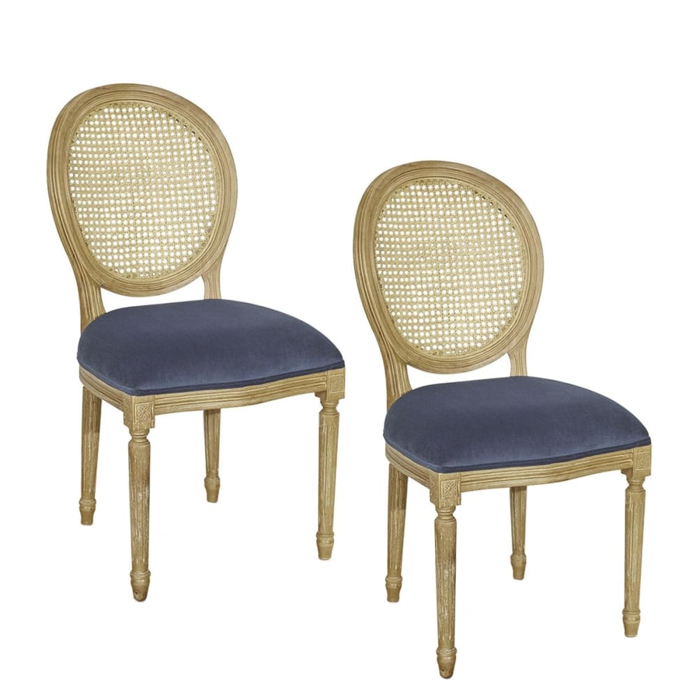 Robin des Bois Satz von 2 Medaillonstühlen mit Geflecht und Samt. Storm Blue style classic chic Blau Holz