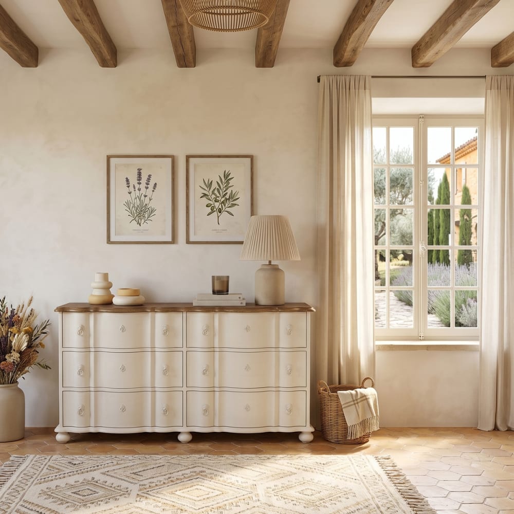Shabby-Chic-Kommode, Eichenplatte, 6 Schubladen weiß - Maisons Du