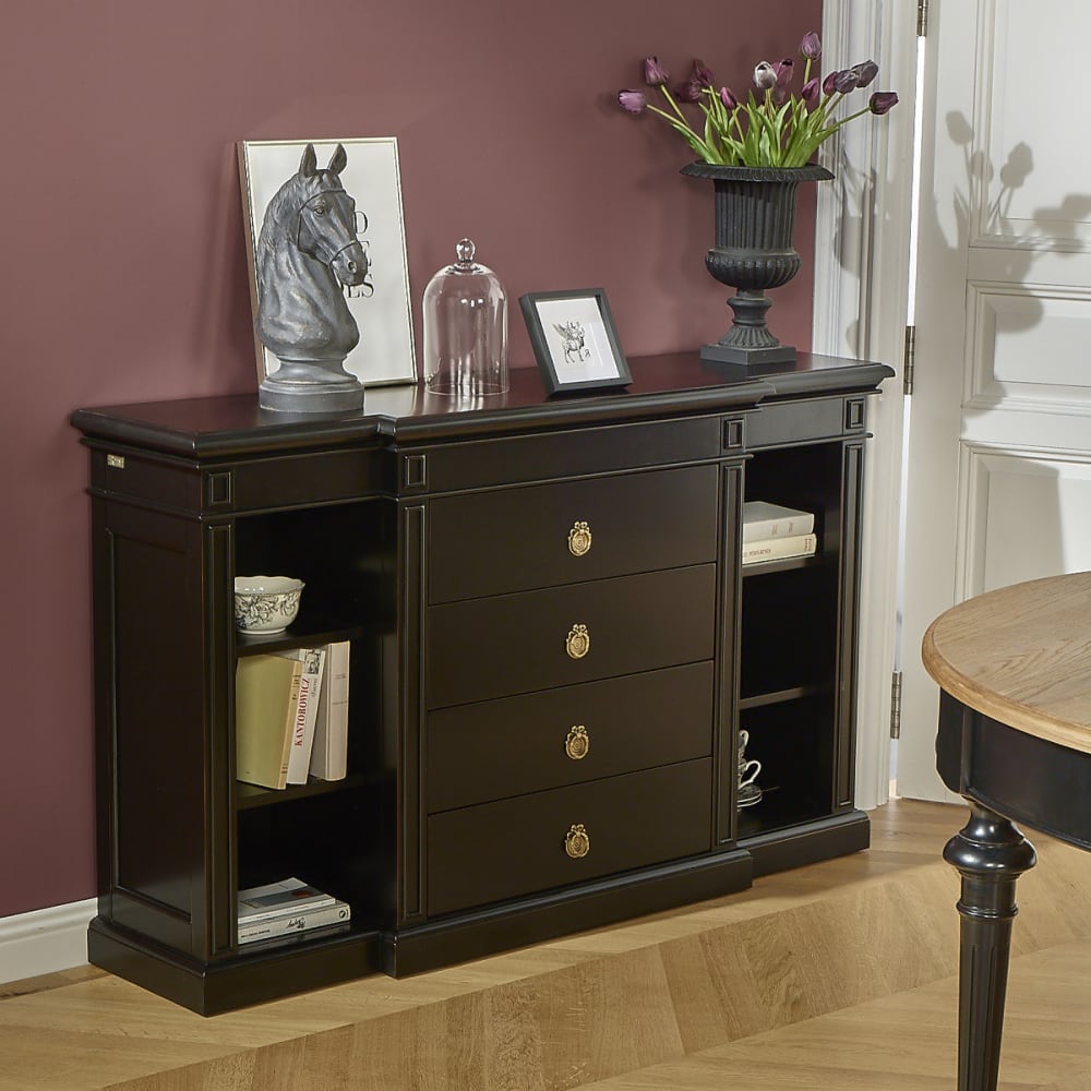 Klassische Holzkonsole, 4 Schubladen, 6 Fächer Schwarz - Maisons