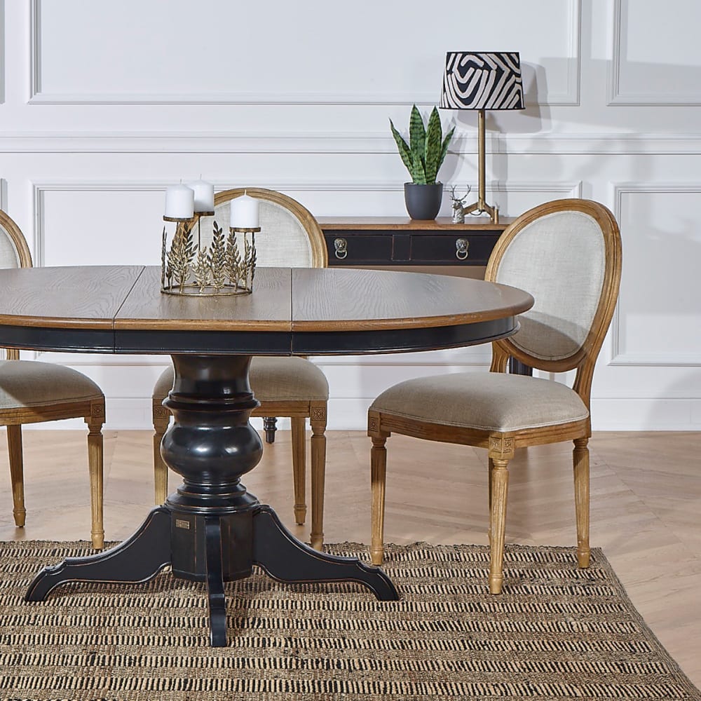 Robin des Bois Runder Eichentisch mit 1 Verlängerung, für 4/6 Gedecke schwarz style classic chic - Holz