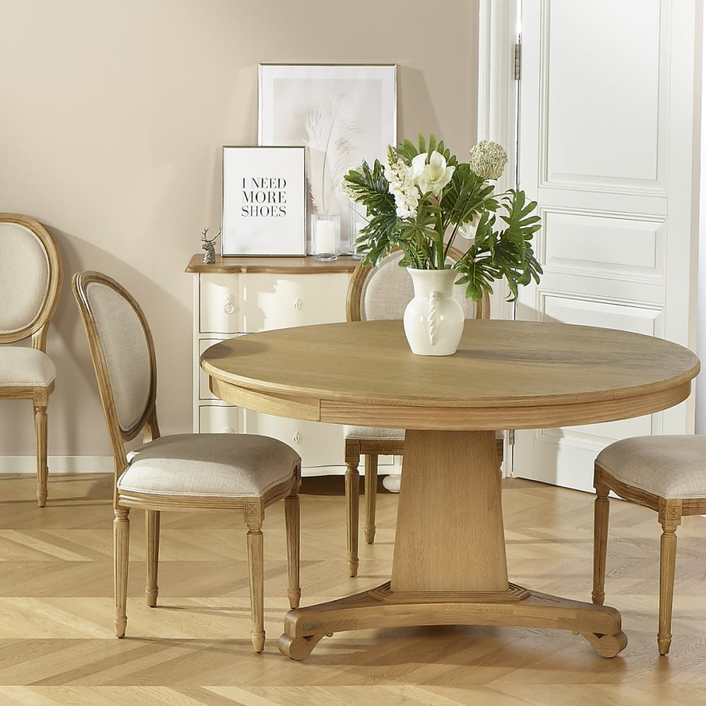 Runder Esstisch, Tischplatte mit Eichenfurnier auf MDF und beige