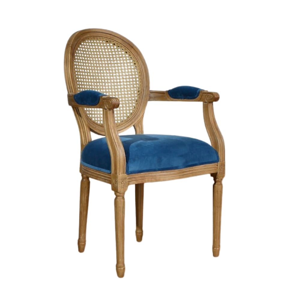 Robin des Bois Tischstuhl aus Gummibaumholz, Geflecht und Samt Sturmblau style classic chic - -