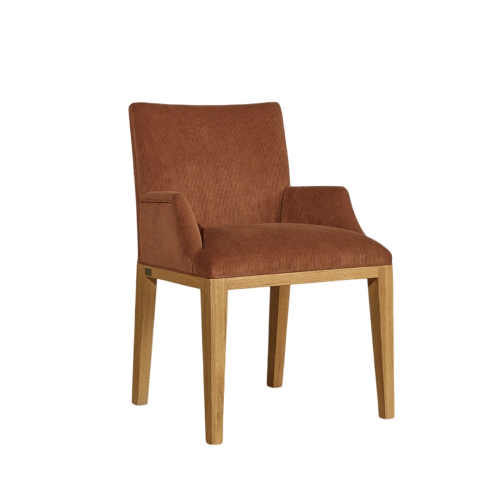 Robin des Bois Zeitgenössischer Tischstuhl aus Eichenholz und Cord-Samt. Eichhörnchen style modern Braun