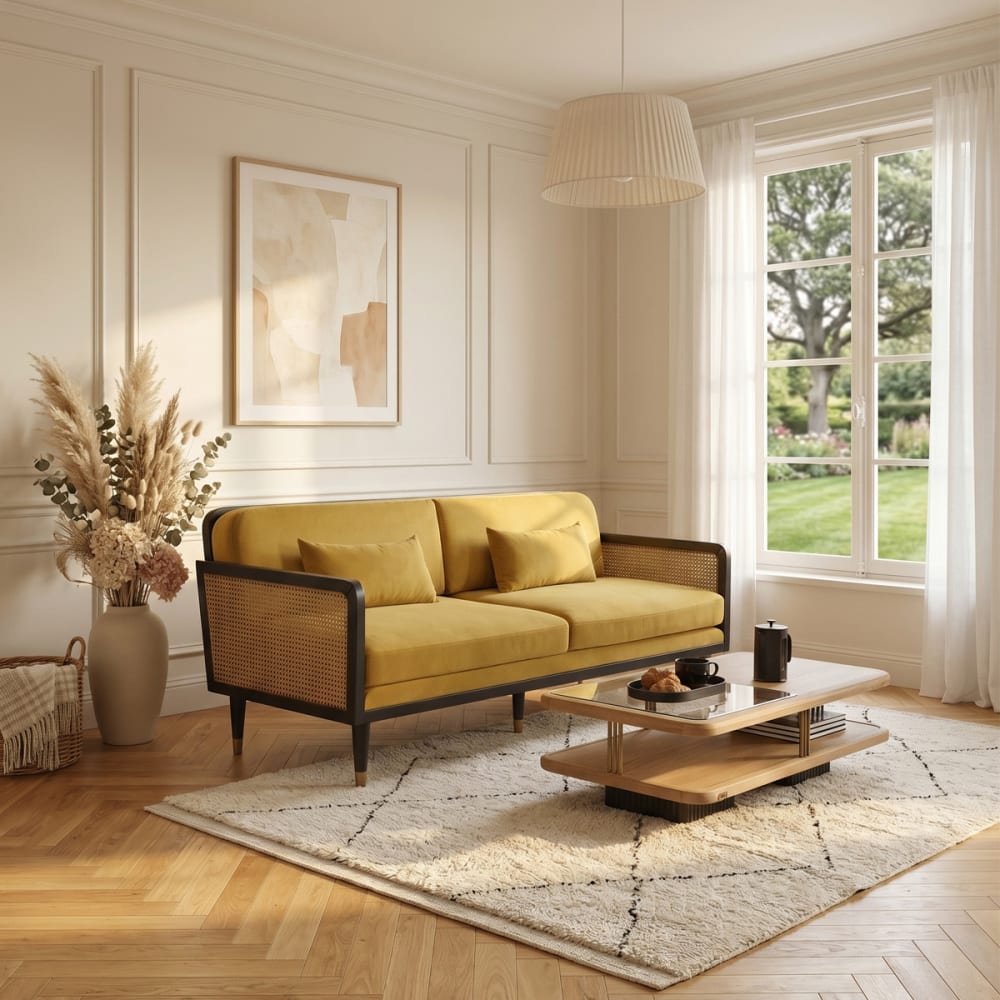 Canapé style scandinave, en bois, cannage et velours, 3 caramel cuivré