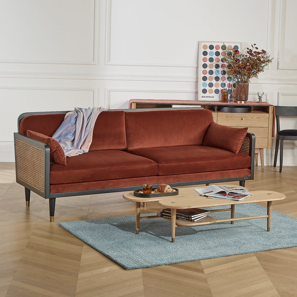 Canapé style scandinave, en bois, cannage et velours, 3 caramel cuivré