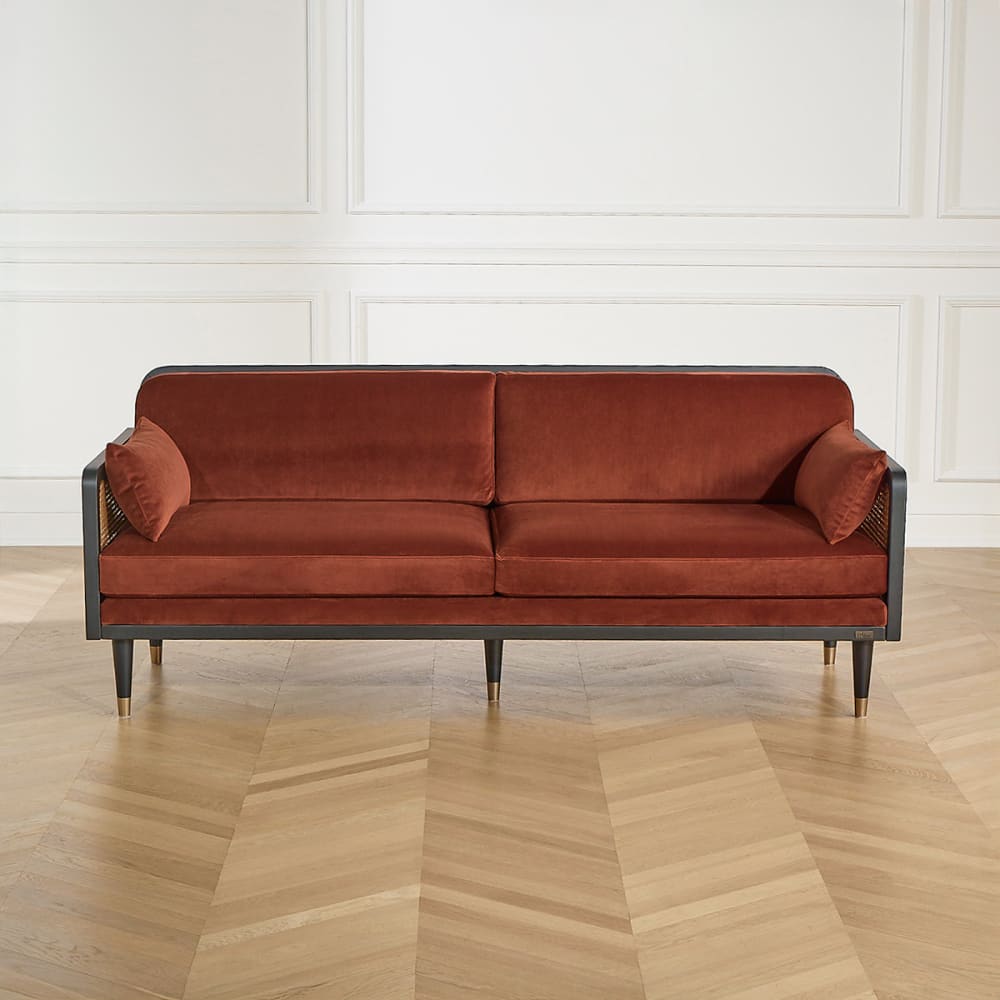 Canapé style scandinave, en bois, cannage et velours, 3 caramel cuivré