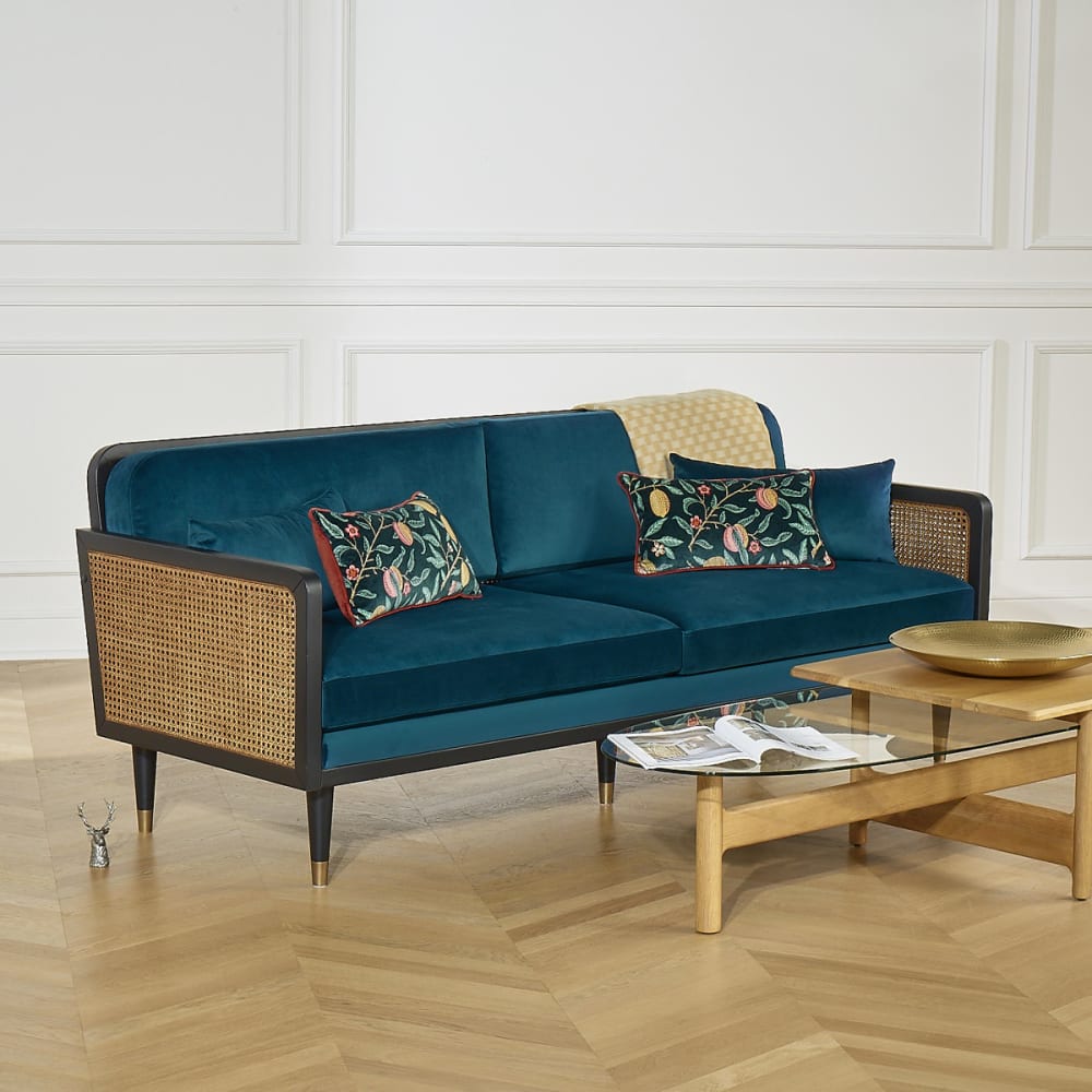 Canapé style scandinave, en bois, cannage et velours, 3 caramel cuivré