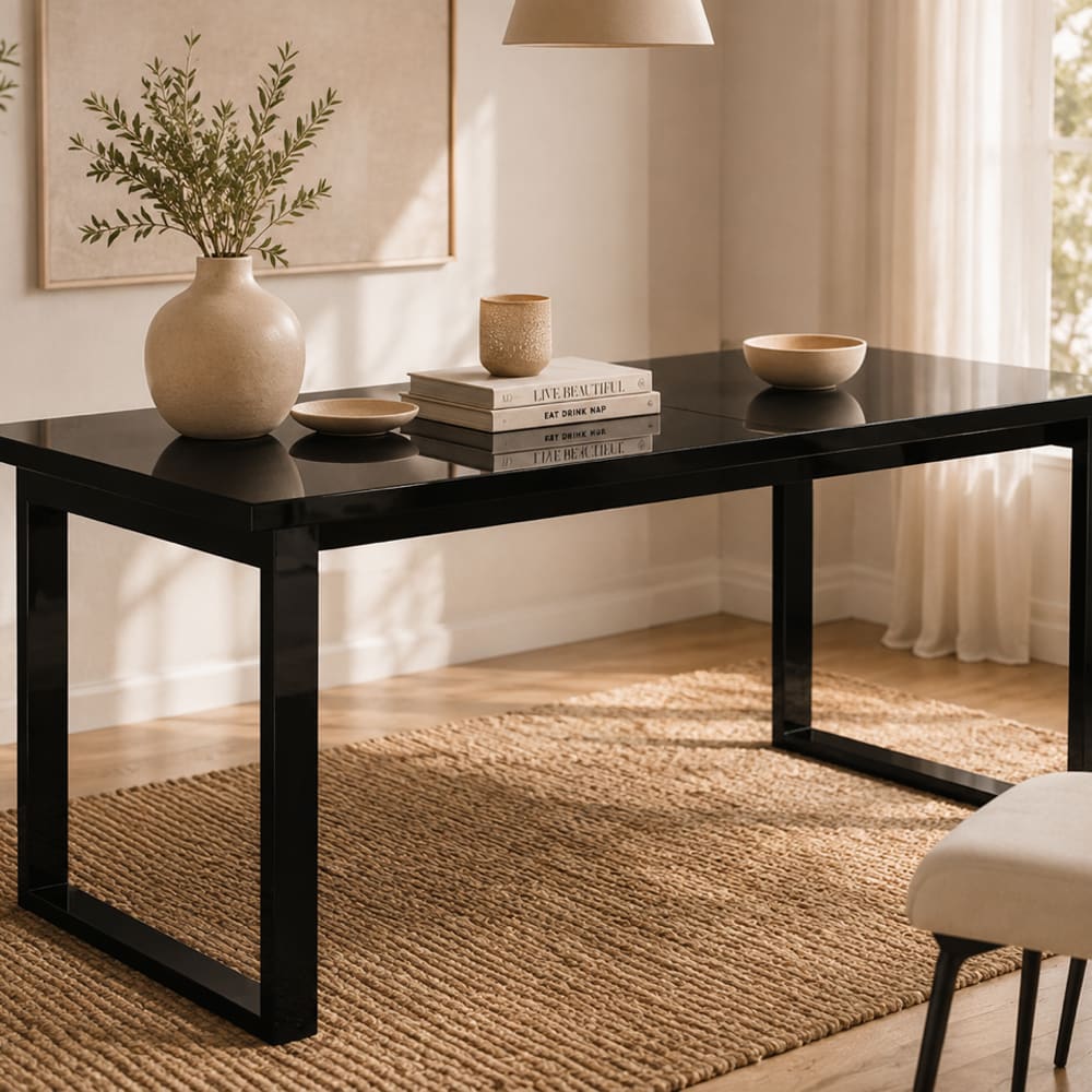 Esstisch mit Metallgestell 170-220x90x76cm, schwarz / Schwarzglas