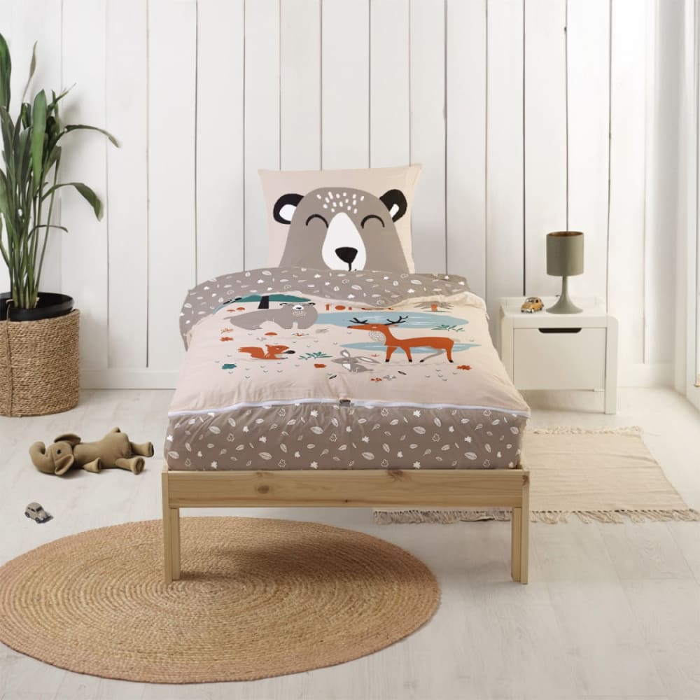 Parure de lit enfant sans couette motif forêt 90x190cm (Bleu Câlin) - Image 1