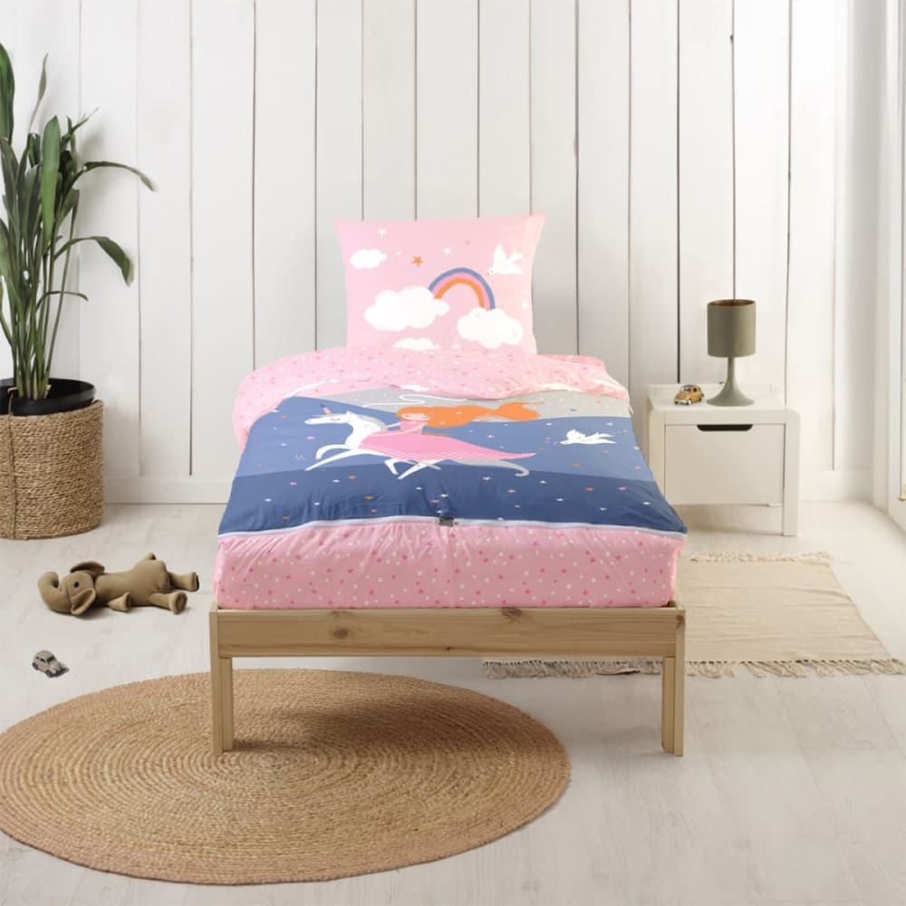 Parure de lit enfant avec couette motif licorne 90x190cm (Bleu Câlin) - Image 1